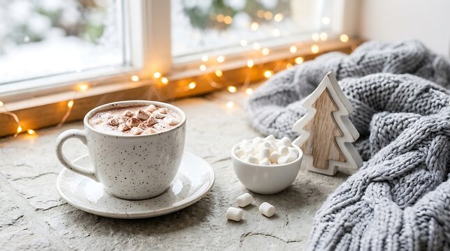 Steaming ceramic mug filled with hot chocolate topped with mini marshmallows sitting beside wooden christmas tree decoration and cozy knitted blanket near snowy windowsill during winter season morning