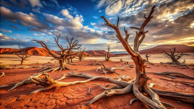 Fossilized tree limbs stretch like ancient sentinels across the desolate rustred expanse each one a testament to times slow erosion