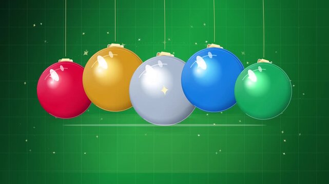 Christmas baubles in vibrant colors hang against an illuminated green grid background.