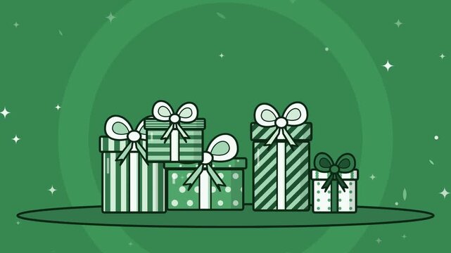 Green gift boxes with white bows stand against a decorative green background.