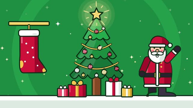 Decorated Christmas tree stands beside Santa Claus, gift boxes, and a stocking on green.