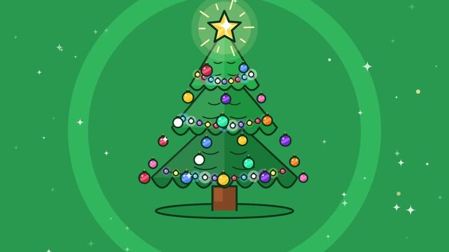 Illustrated Christmas tree glows with colorful ornaments and a bright star on green background.