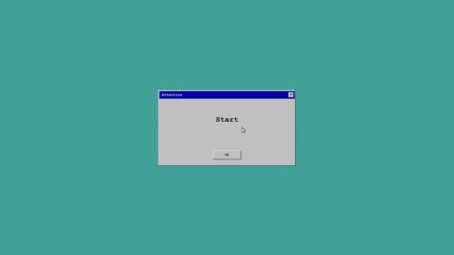 Retro computer user interface pop up window with start presentation button render on vintage desktop screen background