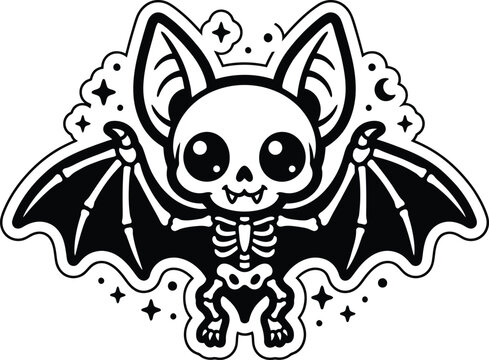 Cute baby bat skeleton spreading wings Halloween illustration silhouette