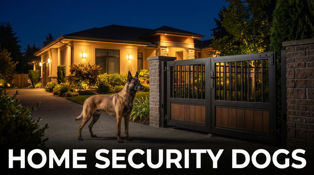 Belgian Malinois Guard Dog Standing Alert by Security Gate Outside Luxury Suburban Home at Night
