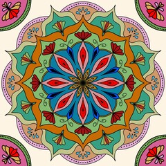 abstract floral background,  Colorful Indian floral mandala on a cream background. Bohemian and ethnic inspired symmetrical design featuring ornate flower and geometric motifs in teal, turquoise, cora © Nittaya