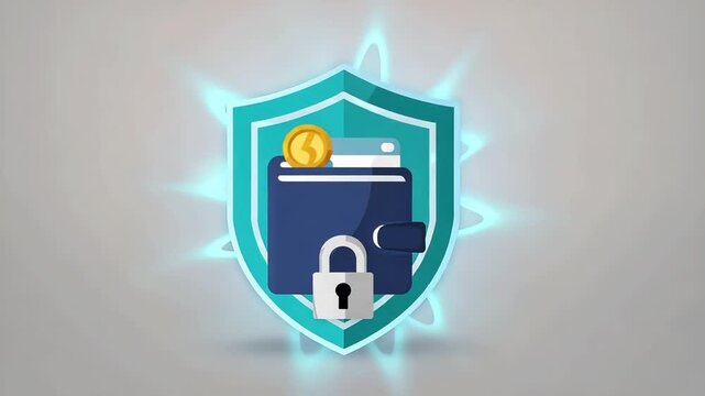 Blue wallet with gold coin and credit card inside shield icon on grey