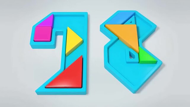 Number eight 8 tangram puzzle 3D animation with EIGHT text for kids