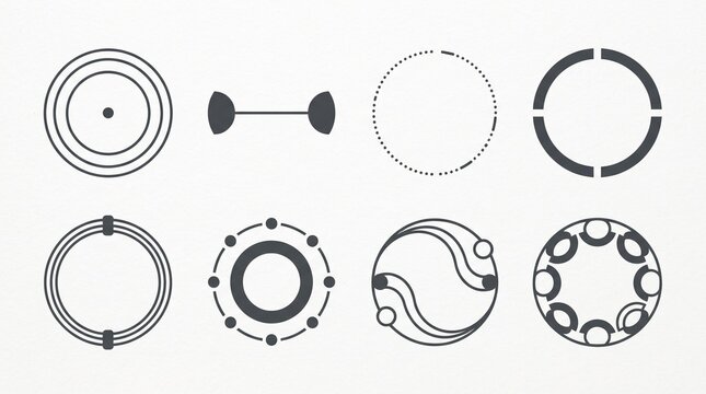 Abstract geometric circle symbols and futuristic tech HUD icons. Featuring concentric rings dashed outlines and segmented orbits. Minimalist vector art for digital interfaces