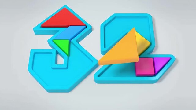 Number three 3 tangram puzzle 3D animation with THREE text for kids