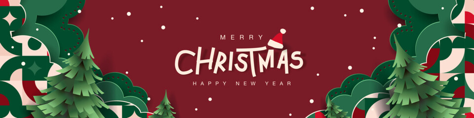 Fototapeta na wymiar Merry Christmas and Happy New Year greeting card banner background with snowy winter landscape, typography, festive pattern, holiday theme, celebration graphics, printable poster, digital template