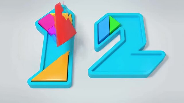 Number two 2 tangram puzzle 3D animation with TWO text for kids
