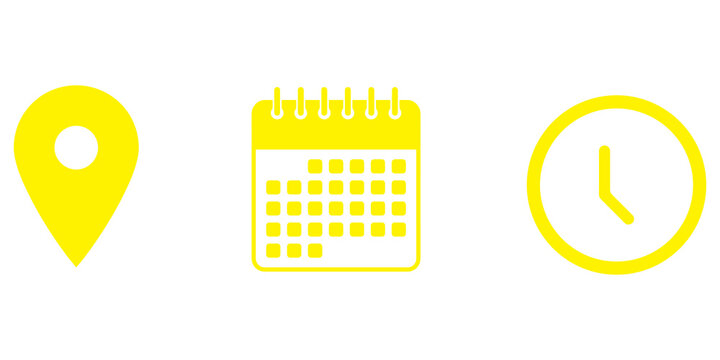 Calendar icon combined with clock and location pin symbols showing time date and address for event banner poster meeting agenda invitation  in yellow colour