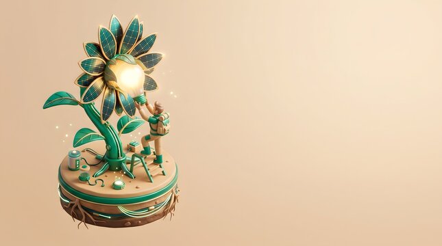 Growth and Illumination: Tiny figures tend to a magnificent, stylized flower bathed in golden light, symbolizing nurturing growth, discovery, and the power of nature's energy.