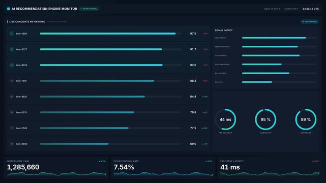 Ai recommendation engine monitor dashboard with live candidate re-ranking scores machine learning analytics, for 4k data driven decision making real time metrics