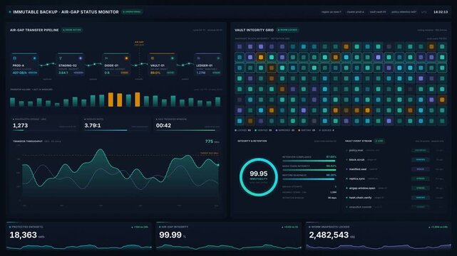 Immutable backup air-gap status monitor dashboard for data transfer pipeline, vault integrity grid, worm snapshot metrics, for 4k cybersecurity cloud defense