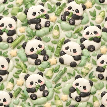 Seamless Cute Kawaii Panda Pattern with Bamboo Leaves and Pastel Green Accents