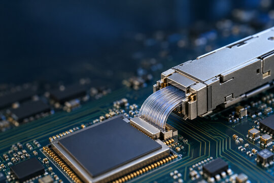 AI generated optical data interconnect linking chip transceiver through fine fiber paths circuit board copy space for semiconductor innovation high speed communication