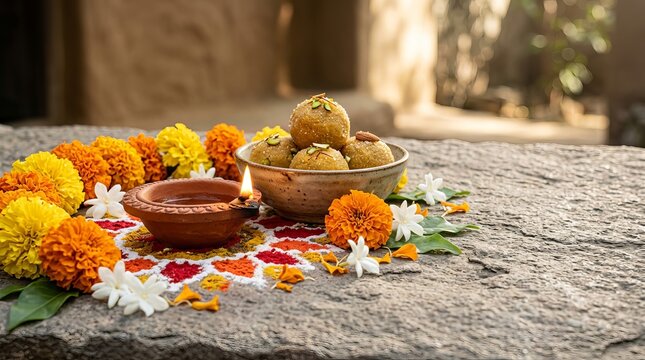 Traditional indian sweet laddoo arranged in ceramic bowl with lit terracotta oil lamp and vibrant marigold floral decorations on natural stone surface.