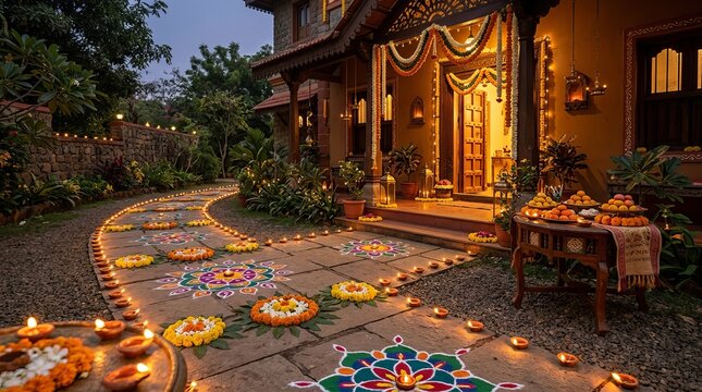 Intricate flower rangoli designs and glowing oil lamps align curving gravel pathway leading to traditional indian home during festive diwali season.