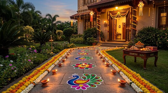 Vibrant peacock rangoli floor art with marigold garlands and glowing oil lamps lights up traditional indian pathway for diwali festival celebration.
