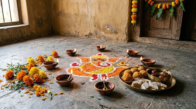 Auspicious ganesh rangoli art decorated with marigold flowers and glowing oil lamps beside plate of traditional sweets on vintage stone floor area.