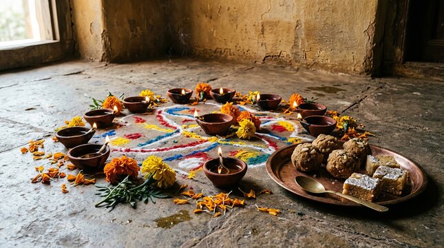 Traditional ganesh rangoli pattern with burning oil lamps and sweet dessert platter displayed on rustic stone floor for auspicious religious rituals.