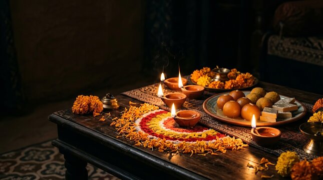 Traditional deepavali diya lamps with marigold flower rangoli and indian sweets placed on rustic wooden table for festive celebration and home decor.