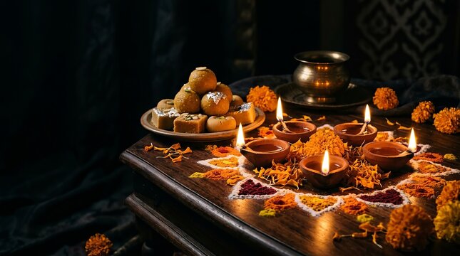 Festive rangoli arrangement with glowing oil lamps and pile of traditional indian sweets on wooden table for deepavali celebration in dark setting.
