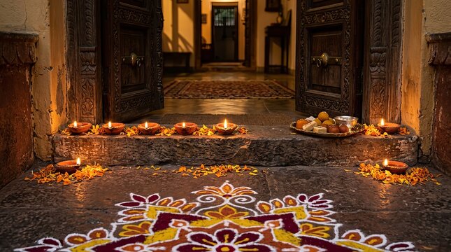Bright earthen diya lamps glowing along stone step with traditional indian rangoli art and delicious sweets marking festive diwali home entry decor.