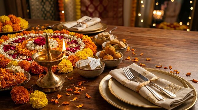 Exquisite brass oil lamp with floral rangoli and traditional indian sweets on wooden dining table prepared for festive dinner celebration atmosphere.
