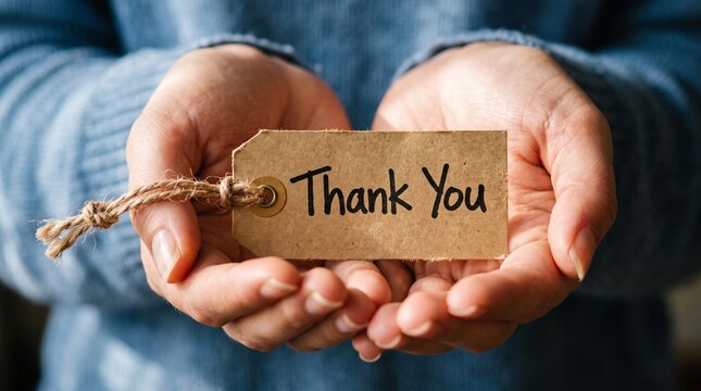 A Heartfelt Gesture: Hands gently cradle a rustic tag inscribed with Thank You, conveying gratitude and appreciation in a moment of warmth and connection.