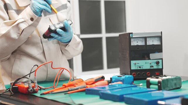 Technician handling lithium iron phosphate battery in workshop Great for clean energy campaigns, EV content, or sustainable tech education