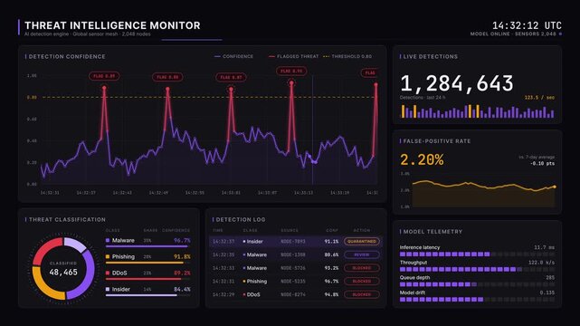 Threat intelligence monitor dashboard showing cyber security data