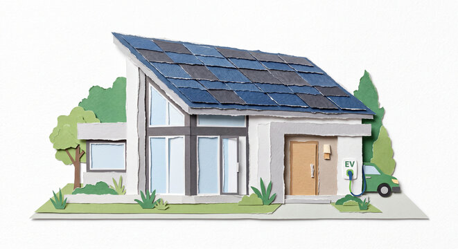 Solar-Powered Smart Home Ripped Paper Craft Illustration Isolated on White Background, Sustainable Architecture Torn Paper Design