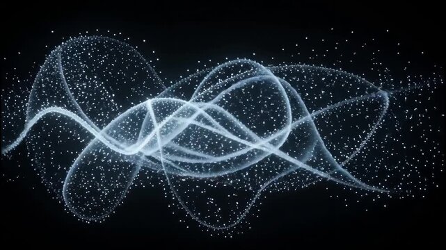 Abstract glowing particle cloud morphing into flowing digital waves on a black background.