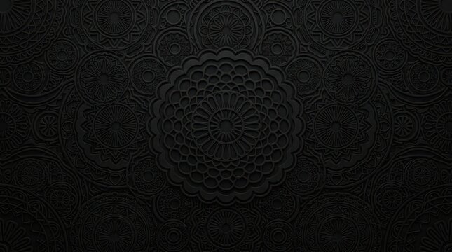 Black monochrome background with symmetrical geometric rosette patterns and matte black finish