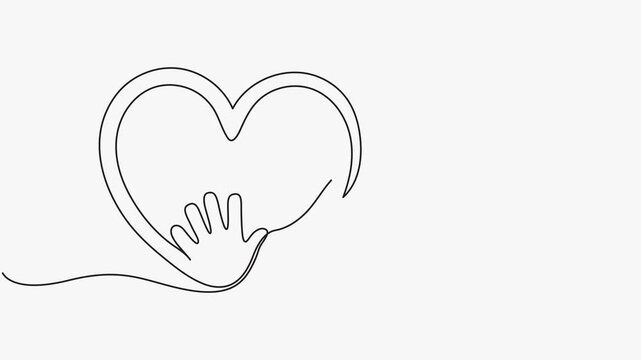 Continuous line drawing animation of heart and baby hands vector artwork isolated on white background. 