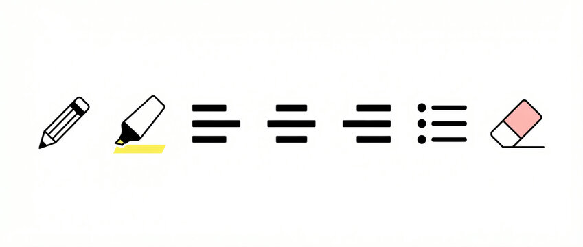 Minimal stationery and text formatting icons arranged in a clean row on white