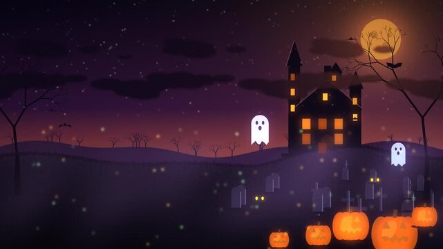 Halloween hauntes house with ghosts in dark night spooky copy space greeting 