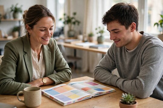 Manager and employee discussing flexible work schedule with colorful planner in bright office
