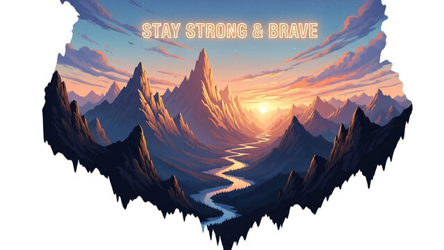 Stay strong brave motivational quote rugged mountain peaks sunset