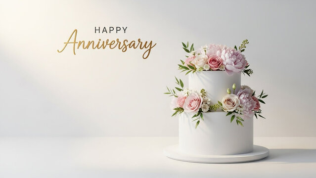 Happy Anniversary elegant two-tier cake with pink roses and greenery