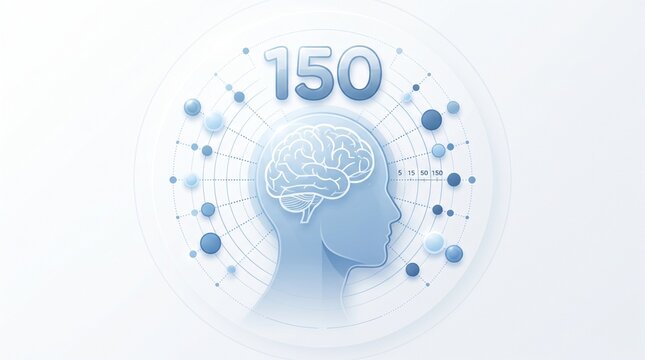 150 Brain Power Concept: A stylized human head silhouette showcases a detailed brain illustration, surrounded by a network of nodes and the number 150, symbolizing intelligence, knowledge.