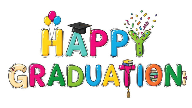 Happy Graduation colorful text celebration with balloons confetti