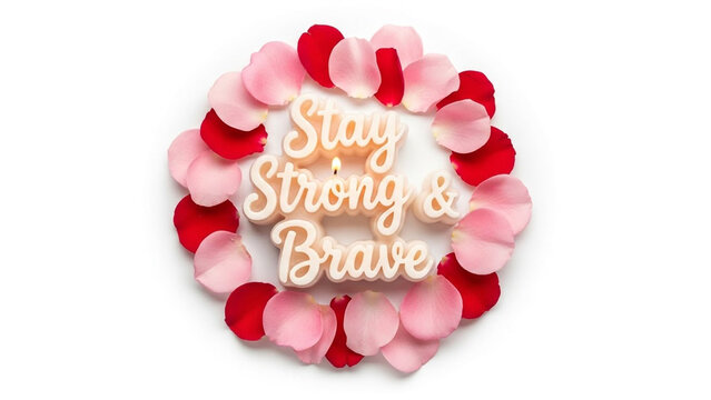 Stay Strong & Brave motivational quote framed by red and pink rose