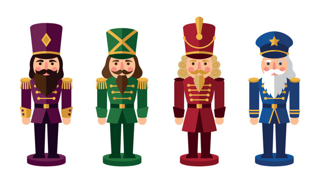 Christmas nutcracker toy soldier vector character set. Purple, green, red, blue uniforms, mustaches, beards, hats and traditional winter holiday decorations.
