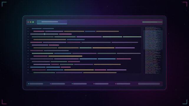 Code Editor Window UI Interface.Animated dark mode code editor window with colorful code lines.