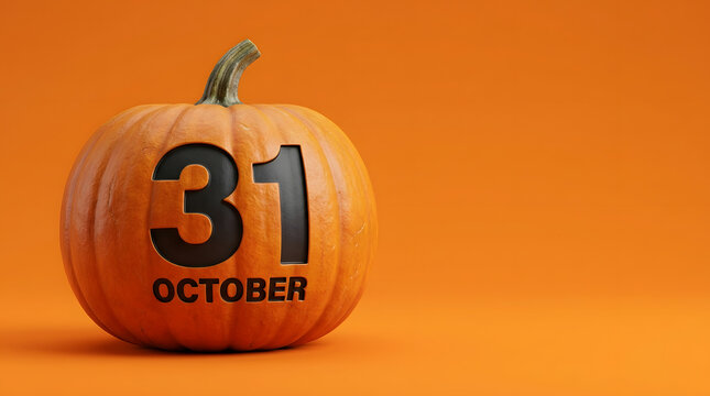 31 October pumpkin carved with bold black numbers on bright orange