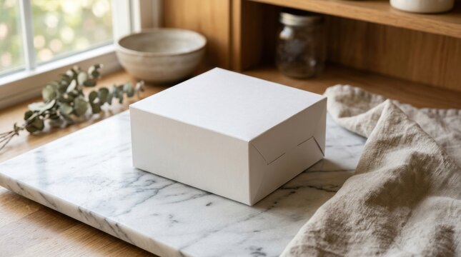 Blank white square gift box on marble countertop.